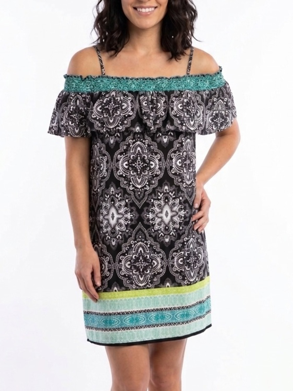 BEBOP Off-Shoulder Black Green Geometric Pattern Summer Dress Ruffle XL